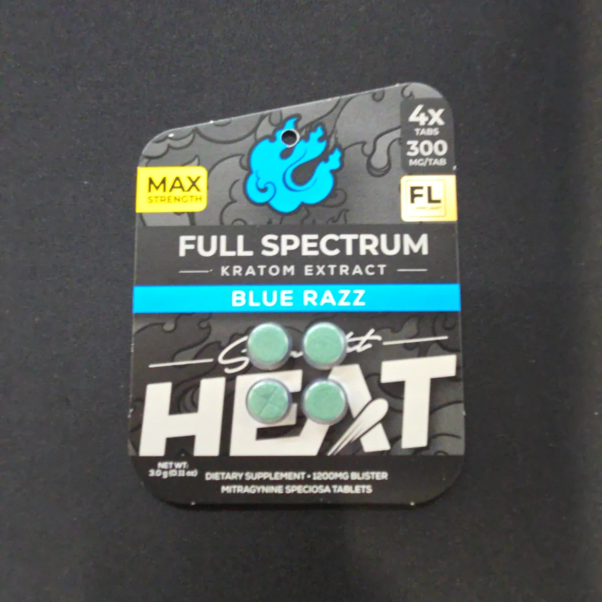 HEAT Kratom Extract Blue Razz Chewable Tabs 300mg 4 Count